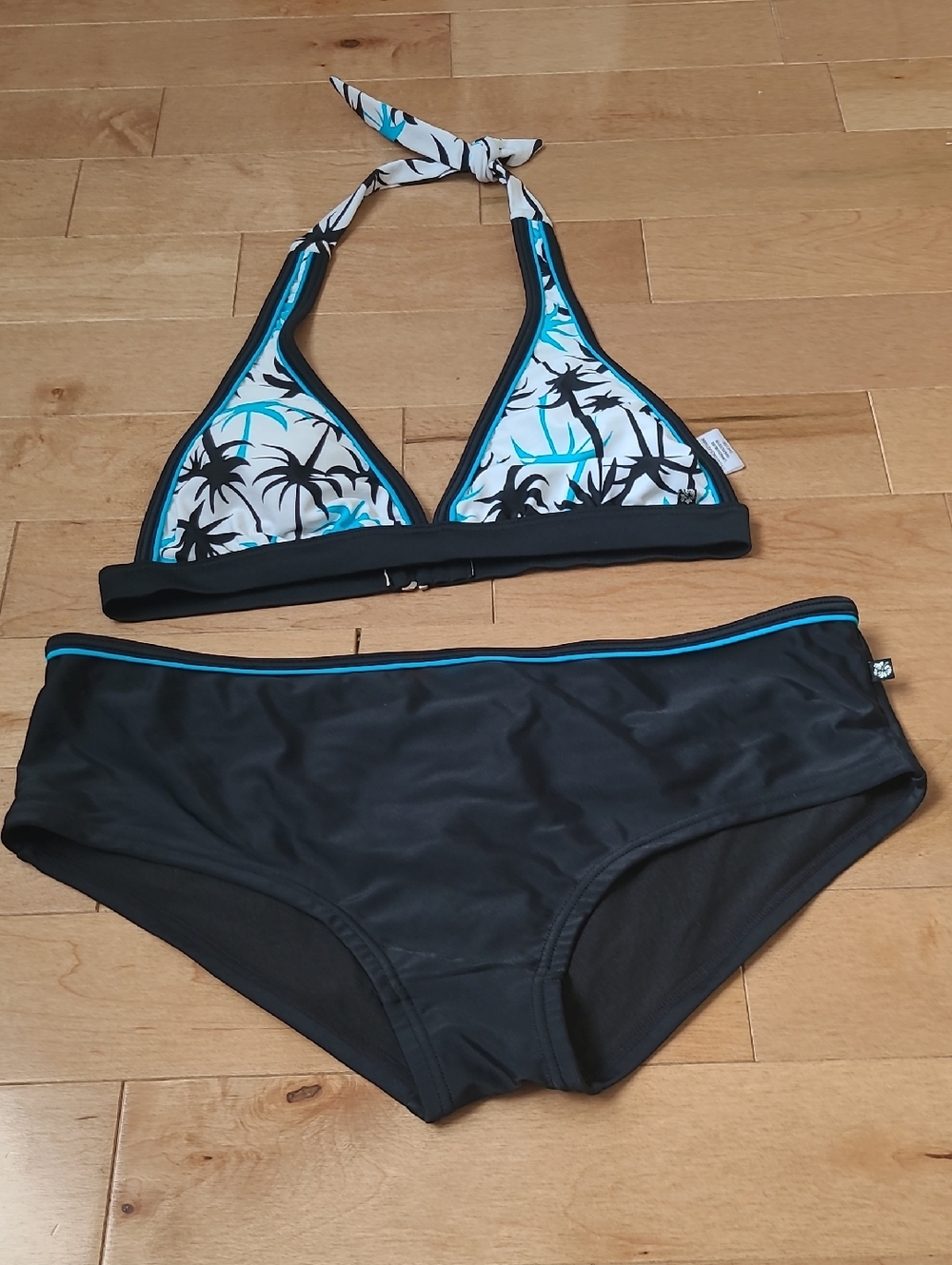 Aqua Bikini Black Blue Tropical Palm Trees Top Sz Medium Bottoms Size Large 2pc - Picture 2 of 10